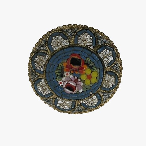 Vtg Micro Mosaic 1.25" w Glass Tile Round Floral Brooch Pin Multi Color Italy - Picture 3 of 5